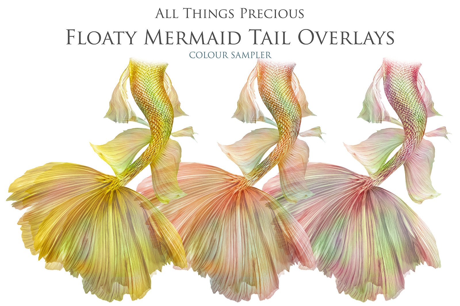 Mermaid Tail fin overlays in colourful tints. By ATP Textures Ocean undersea digital backgrounds.